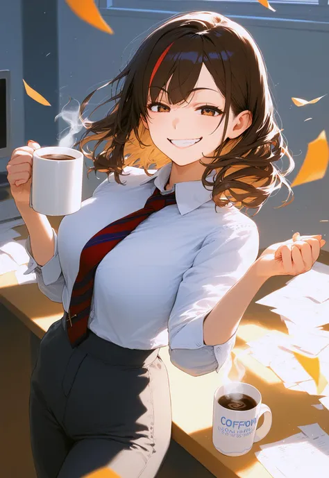 1girl, (papers flying everywhere:1.1), medium wavy brown hair, (two-tone hair, streaked hair:1.1), shirt, necktie, trousers, coffee mug, smirk, smug, happy, relaxed
BREAK volumetric lighting, bloom, score_9, score_8_up, score_7_up, office