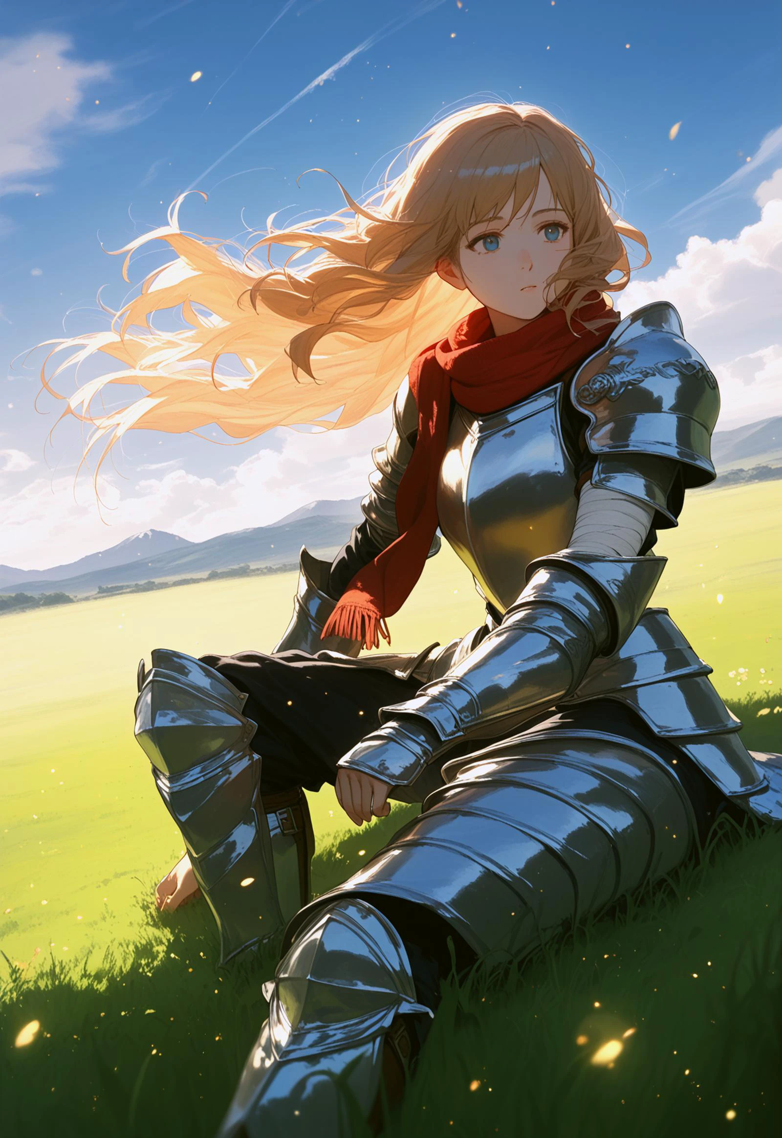 knight wizard paladin with short wavy hair, sitting, relaxing, scarf, rugged armor, bandaged arm, gothic armor, dark fantasy aesthetic, gritty, wind, floating hair, light particles, grassy field, mountain, cloudy sky, dutch angle
BREAK volumetric lighting, bloom, score_9, score_8_up, score_7_up