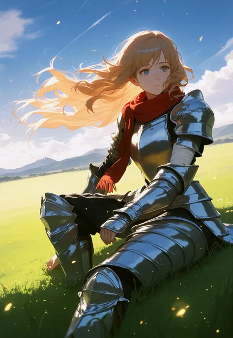 knight wizard paladin with short wavy hair, sitting, relaxing, scarf, rugged armor, bandaged arm, gothic armor, dark fantasy aesthetic, gritty, wind, floating hair, light particles, grassy field, mountain, cloudy sky, dutch angle
BREAK volumetric lighting, bloom, score_9, score_8_up, score_7_up