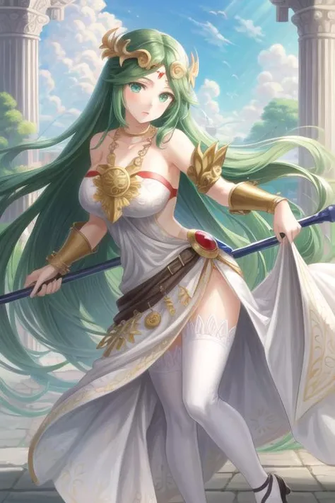 ((best quality)), ((highly detailed)), masterpiece, (detailed eyes, deep eyes), (1girl), full body, <lora:hairdetailer:.9>, <lora:palutena_v1:.65>, hmpa1, palutena, very long hair, green hair, parted bangs, green eyes, tiara, large breasts, (goddess), necklace, bare shoulders, strapless dress, vambraces, belt, white dress, white thighhighs, single thighhigh, holding staff, in the clouds, marble pillars