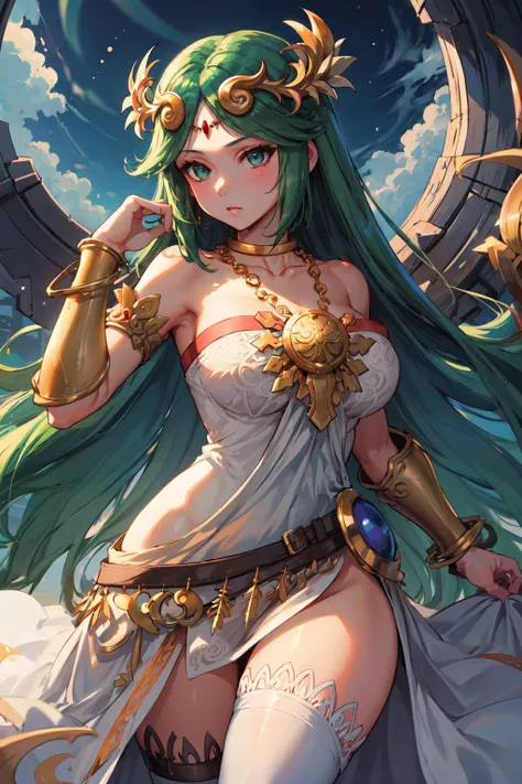 masterpiece,best quality,1girl,hmpa1,palutena,parted bangs,tiara,large breasts,necklace,bare shoulders,strapless dress,vambraces,belt,white dress,white thighhighs,single thighhigh,<lora:palutena_v1:0.7>,