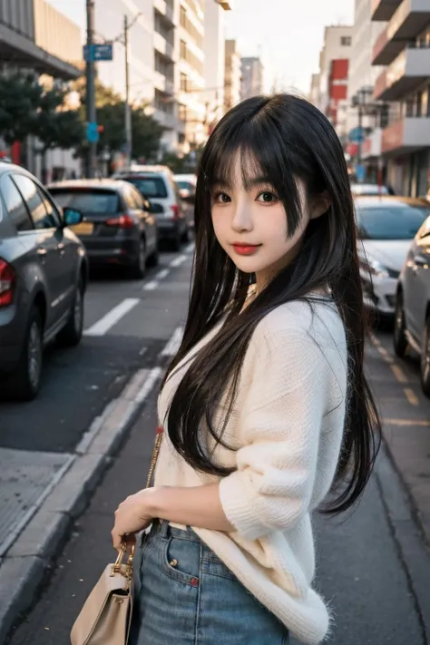 glamour photo of nene_koo, amidst a bustling city, upper body framing, in a street photography setting, golden hour lighting:1.3), shot at eye level, on a Fujifilm X-T4 with a 50mm lens, <lora:nene_koo-12:0.9>