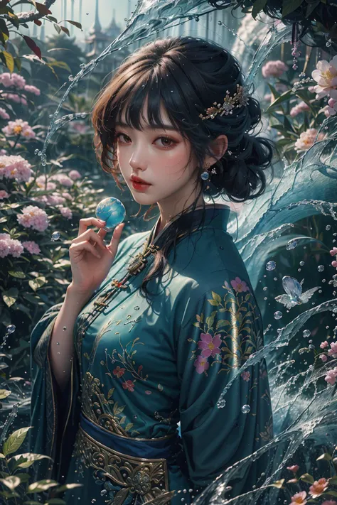 (absurdres, highres, ultra detailed)(masterpiece), (extremely intricate:1.3), (realistic),Cinematic Lighting,4k,(masterpiece),Dreamy,cinematic,Ukiyoe,((action lens,atmospheric,((Cloisonne,Gardens,xxTemplexx))))
1girl,solo male,hanfu,chinese clothes,blue dress,long dress,gonggongshi, water,Cast magic, cast water magic,water ball on the hand,upper body
 <lora:æ°´ç¥å±å·¥æ°Gonggongshi_V2.0:0.6>