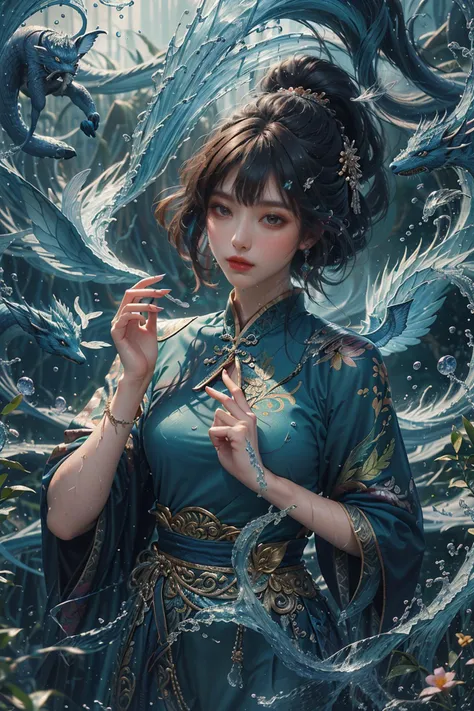 (absurdres, highres, ultra detailed)(masterpiece), (extremely intricate:1.3), (realistic),Cinematic Lighting,4k,(masterpiece),Dreamy,cinematic,Ukiyoe,((action lens,atmospheric,((Cloisonne,Gardens,xxTemplexx))))
1girl,solo male,hanfu,chinese clothes,blue dress,long dress,gonggongshi, water,Cast magic, cast water magic,water ball on the hand,Mythical beasts,upper body
<lora:æ°´ç¥å
±å·¥æ°Gonggongshi_V2.0:0.6>Beautiful hands, perfect hands, nails