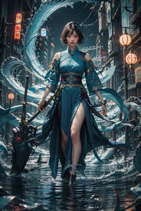 (absurdres, highres, ultra detailed)(masterpiece), (extremely intricate:1.3), (realistic),((cyberpunk city)),Cinematic Lighting,4k,(masterpiece),
1girl,solo male,man,hanfu,chinese clothes,blue dress,long dress,short hair,gonggongshi, water,Cast magic, cast water magic,water ball on the hand,In the valley,full body,Sword, weapon, hand-held weapon, sword surrounded by water element,hanfu,chinese clothes,blue dress
<lora:æ°´ç¥å
±å·¥æ°Gonggongshi_V2.0:0.6>
