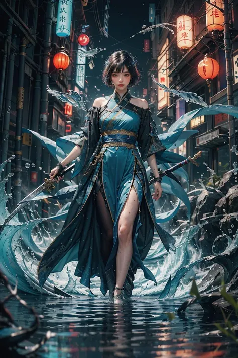 (absurdres, highres, ultra detailed)(masterpiece), (extremely intricate:1.3), (realistic),((cyberpunk city)),Cinematic Lighting,4k,(masterpiece),
1girl,solo male,man,hanfu,chinese clothes,blue dress,long dress,short hair,gonggongshi, water,Cast magic, cast water magic,water ball on the hand,In the valley,full body,Sword, weapon, hand-held weapon, sword surrounded by water element,hanfu,chinese clothes,blue dress
 <lora:æ°´ç¥å±å·¥æ°Gonggongshi_V2.0:0.6>