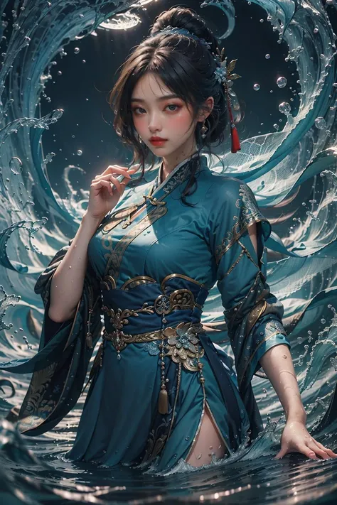 (absurdres, highres, ultra detailed)(masterpiece), (extremely intricate:1.3), (realistic),((cyberpunk city)),Cinematic Lighting,4k,(masterpiece),
1girl,solo male,hanfu,chinese clothes,blue dress,long dress,gonggongshi, water,Cast magic, cast water magic,water ball on the hand,
long hair, jewelry, dress, earrings, breasts, hair ornament, looking at viewer, black hair, detached sleeves, blue dress, bare shoulders, hair bun, clothing cutout, brown hair, parted lips, cleavage, sash, single hair bun, blue eyes, cleavage cutout, forehead mark, upper body, large breasts
<lora:æ°´ç¥å
±å·¥æ°Gonggongshi_V2.0:0.6>