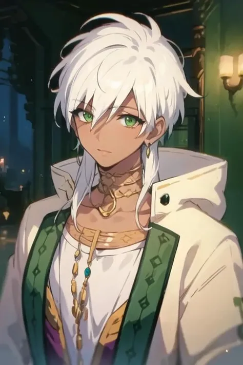 masterpiece, best quality, high quality, 1boy, solo, male focus, looking at viewer, upper body, <lora:sharrkan_amun-ra:0.62>, sharrkan_amun-ra, jewelry, white hair, green eyes, coat