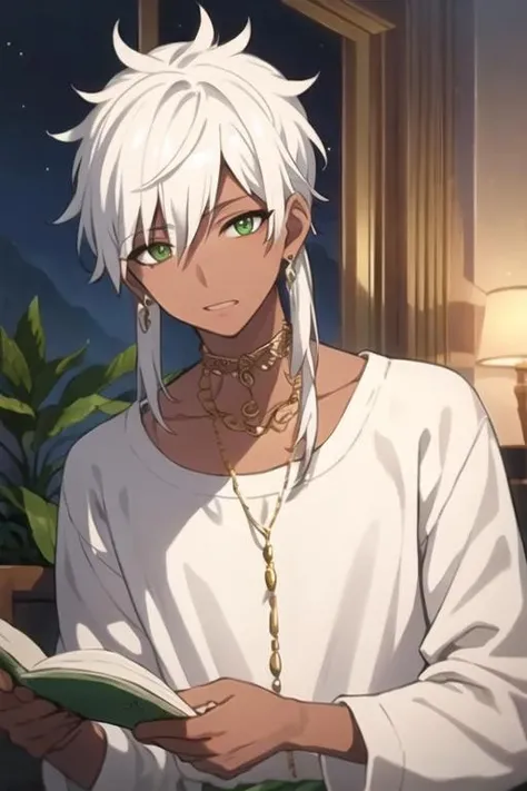 masterpiece, best quality, high quality, 1boy, solo, male focus, looking at viewer, upper body, <lora:sharrkan_amun-ra:0.60>, sharrkan_amun-ra, jewelry, white hair, green eyes, pajamas