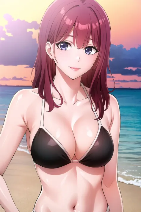 <lora:Yu Eunhee:0.8>, fw.eunhee, standing, looking at viewer, smile, upper body, cleavage, bikini, sunny, beach, sunset