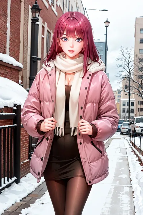 <lora:Yu Eunhee:0.8>, fw.eunhee, standing, looking at viewer, smile, upper body, cleavage, high heels, pantyhose, scarf, puffy coat, snow, breath