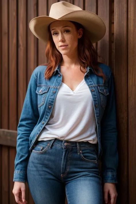 DEN_chad_SG,
country beauty posing against a wooden fence with a plaid shirt and jeans and a cowboy hat, cow girl, country girl, cow girl,
bokeh, f1.4, 40mm, photorealistic, raw, 8k, textured skin, skin pores, intricate details <lora:epi_noiseoffset2:1>, epiCRealism <lora:ClothingAdjuster3:-0.8>