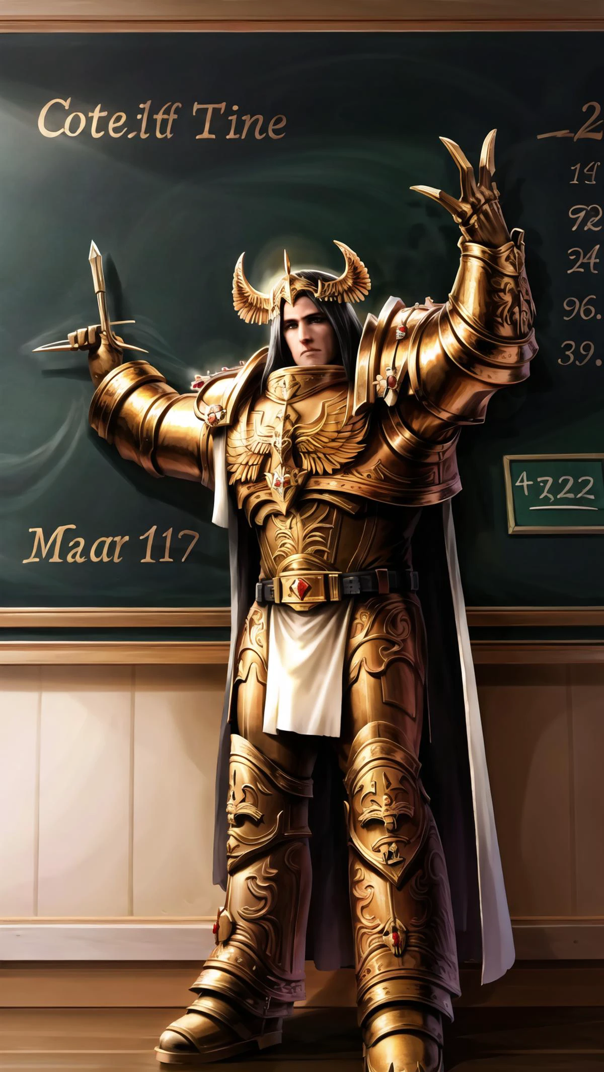 Emperor of Mankind, teacher, dynamic pose, (((white labcoat, ))), BREAK,
POVpizarra, <lyco:POVpizarra:0.7> BREAK,
((chalkboard, holding chalk)), E = mc2, BREAK, <lora:efm-l1:0.7>, masterpiece, best quality, hyperrealistic, extremely detailed, highly quality, 4k, sharp focus, professional photograph, sharp focus, award winning, cinematic lighting, octane render, unreal engine, volumetrics dtx, Wallpaper,