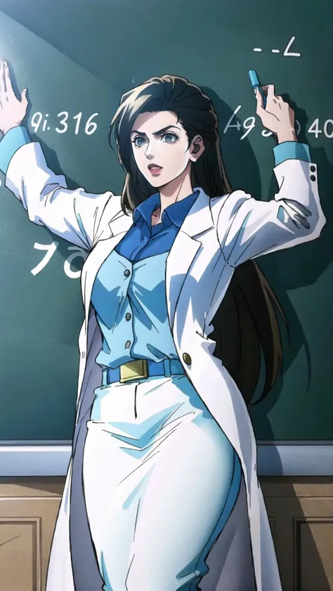 Lisa Lisa, JoJo's Bizzare Adventure, teacher,  dynamic pose, (((white labcoat, ))),  BREAK,
POVpizarra,  <lyco:POVpizarra:0.7> BREAK,
((chalkboard, holding chalk)), E = mc2, BREAK, <lora:LisaLisa:1>, masterpiece, best quality, hyperrealistic, extremely detailed, highly quality, 4k, sharp focus, professional photograph, sharp focus, award winning, cinematic lighting, octane render, unreal engine, volumetrics dtx, Wallpaper,