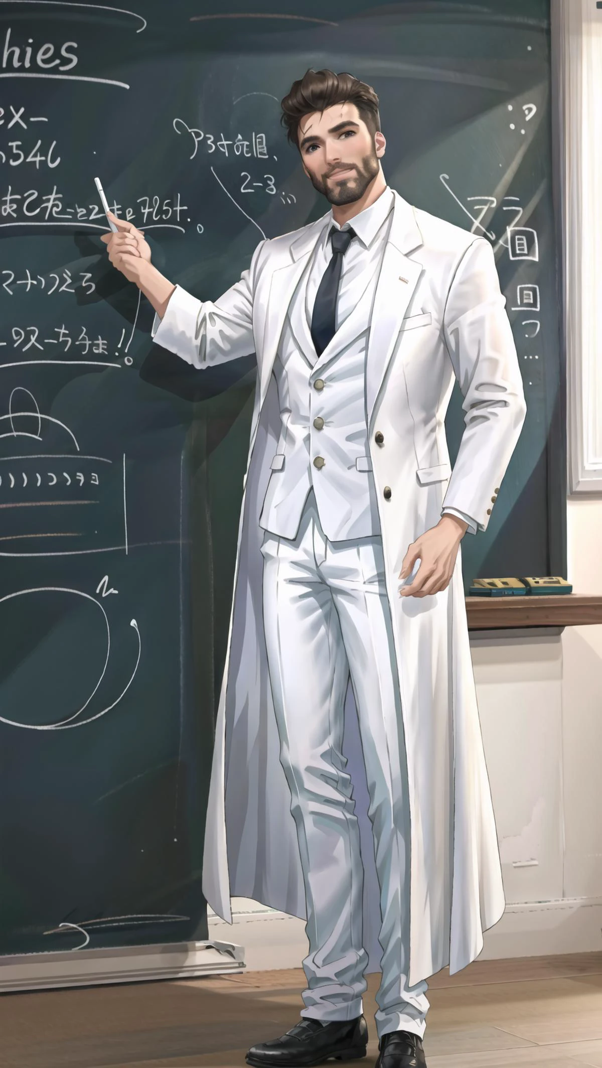 Gigachad, teacher, dynamic pose, (((white labcoat, ))), BREAK,
POVpizarra, <lyco:POVpizarra:0.7> BREAK,
((chalkboard, holding chalk)), E = mc2, BREAK, <lora:Gigachadv1:1>, masterpiece, best quality, hyperrealistic, extremely detailed, highly quality, 4k, sharp focus, professional photograph, sharp focus, award winning, cinematic lighting, octane render, unreal engine, volumetrics dtx, Wallpaper,