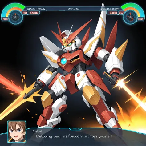 A dynamic game screen featuring a warrior robot as the main subject, wielding a massive iron sword mid-swing. The robot's eyes glow intensely, adding to its fierce demeanor. The background is dramatic, filled with energy and a sense of power, <lora:robotulta4:0.6>,The UI displays various statistics, such as health, energy levels, and a mini-map. A dialogue box is present, detailing the current mission or interaction. The overall scene is designed to immerse the player in an intense and action-packed gaming experience.