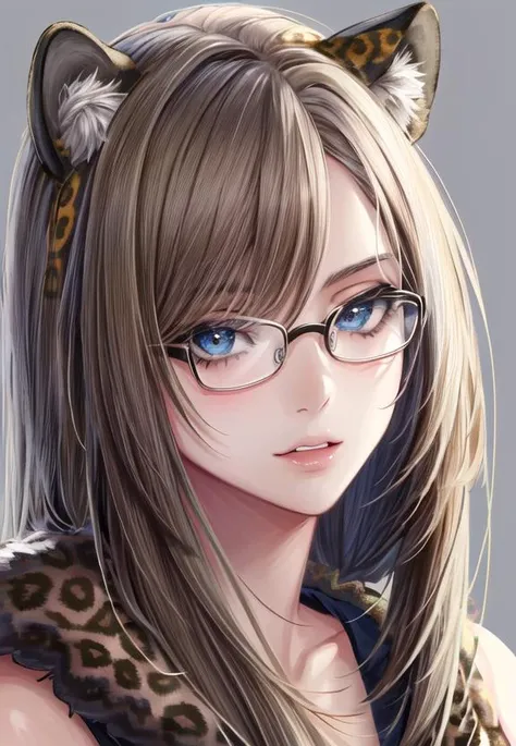 ((best quality)), ((highly detailed)), masterpiece, extremely detailed face, beautiful face, (detailed eyes, deep eyes), (1girl), (glasses), upper body,<lora:hairdetailer:.7>, -(leopard girl), leopard ears, leopard tail, leopard-print fur, large fangs, <lora:yoongonji-v1:.75>, yoongonji