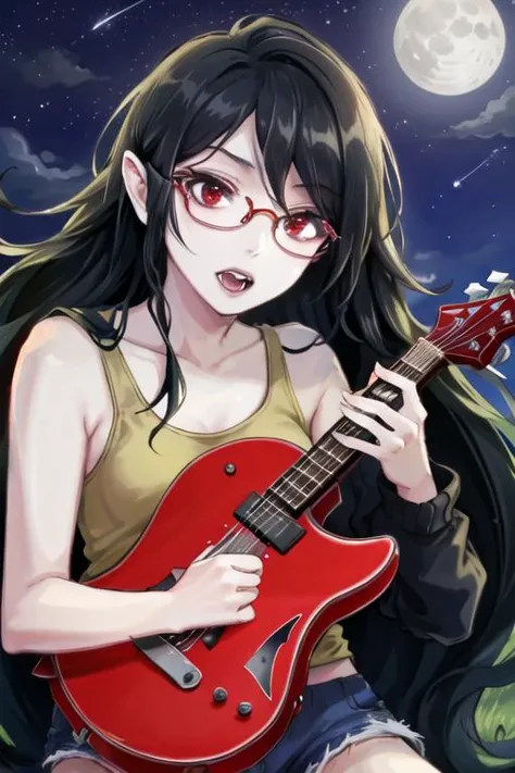 ((best quality)), ((highly detailed)), masterpiece, detailed face, beautiful face, (detailed eyes, deep eyes), (1girl), (glasses), upper body,<lora:marcelineAdventureTime_v10:.45>, MarcelineWaifu, pale skin, very long hair, black hair, red eyes, fangs, medium breasts, night, moon, night sky, shooting star, red tank top, jean shorts, boots, red footwear, guitar, ((axe guitar)), red guitar, spoken musical note, ((singing)), <lora:yoongonji-v1:.7>, yoongonji