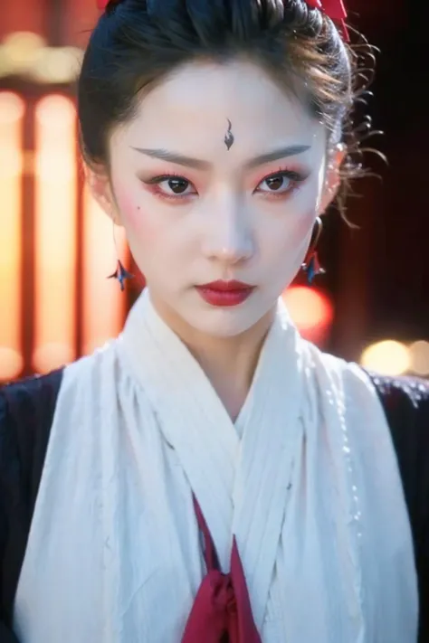 <lora:fuyu_07:0.8>,face lighting,bright backlight,super high resolution,best quality,Photos,4k,(Realistic:1.2),fuyu,1girl,black hair,earrings,red_lips_,ribbon,forehead mark,applying_makeup,long_sleeves,wide_sleeves,standing,thigh,