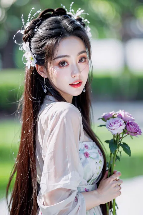 (ulzzang-6500:1.1),face lighting,bright backlight,super high resolution,best quality,Photos,4k,(Realistic:1.2),zhouzhiruo,
1girl,flower,solo,blurry background,long hair,holding flower,upper body,black hair,looking at viewer,hair ornament,parted lips,chinese clothes,
<lora:zhouzhiruo_20:0.8>,