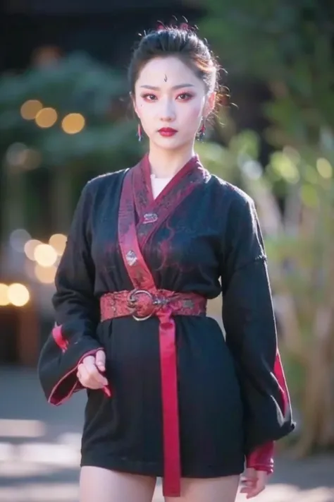 <lora:fuyu_07:0.8>,face lighting,bright backlight,super high resolution,best quality,Photos,4k,(Realistic:1.2),fuyu,1girl,black hair,earrings,red_lips_,ribbon,forehead mark,applying_makeup,long_sleeves,wide_sleeves,standing,thigh,