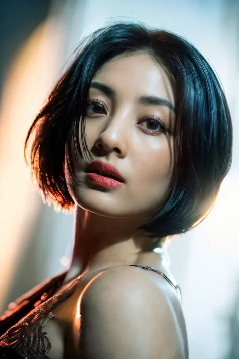 (masterpiece, best quality, beautiful quality, photorealistic, detailed lighting, extremely detailed skin, extremely detailed hair, shadows, 8k, a picture of a woman, forehead, very black hair, bob_cut, upper body, 1girl, fcPortrait:1.2), <lora:add_detail:1>, <lora:jihyotwicelora:0.9>, jihyotwicelora