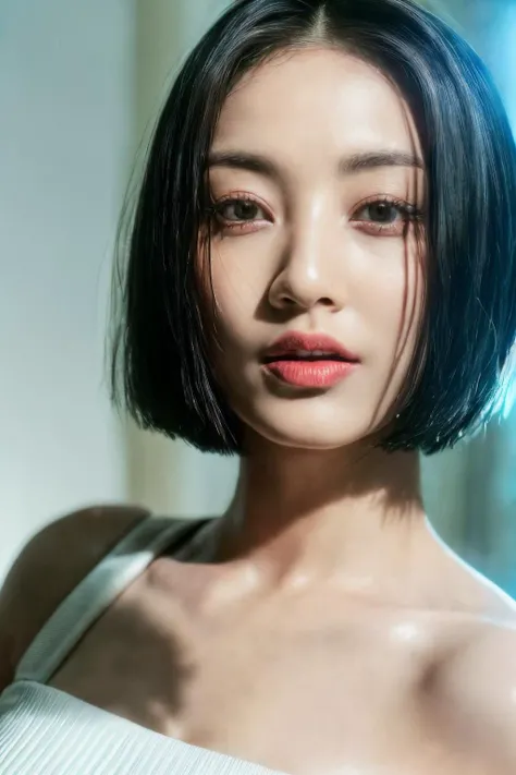 (masterpiece, best quality, beautiful quality, photorealistic, detailed lighting, extremely detailed skin, extremely detailed hair, shadows, 8k, a picture of a woman, forehead, very black hair, bob_cut, upper body, 1girl, fcPortrait:1.2), <lora:add_detail:1>, <lora:jihyotwicelora:0.9>, jihyotwicelora
