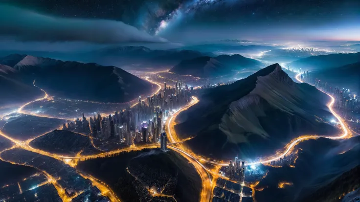 high-quality, photo realistic, 4k, RAW photo at night time, panoramic aerial photo from high altitude of an extremely vast and huge city landscape, (dark night:1.1), (green-purple aurora borealis:0.6), milky way stars across the sky above the clouds, (curved horizon:1.3), (stars:1.2), (intricate city details:1.3), highways, city streets, road networks with street lights visible in the dark night from high altitude, twilight night, city skyline at horizon mointain range, some clouds, (foggy valleys:0.8), a cyberpunk sci-fi city with neon lights far below the valley lighting up the fog, lots of (tall skyscrapers:1.2), with neon signs sticking out of the fog, roads, stars above clouds,