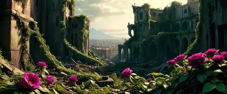 Dystopia, sci-fi, wreckage of civilization in desolate world, wreckage of high-tech devices, plants are breaking through ruins, (vines and ivy wrap around:0.9), magenta beautiful flower in the foreground, solo flower, Epic Wide Shot, Extreme long shot, 32k, uhd, 16k, best quality, masterpiece, perfectionism, Harsh shadows, Hard Light, expressive, sharp focus, cinematic, volumetric lighting, absurdres, atmospheric, photorealistic, Otherworldly, aesthetic, high contrast, dramatic lighting, Ambrotype, Rim lighting, Dawn, CineStill Film Xpro 800T