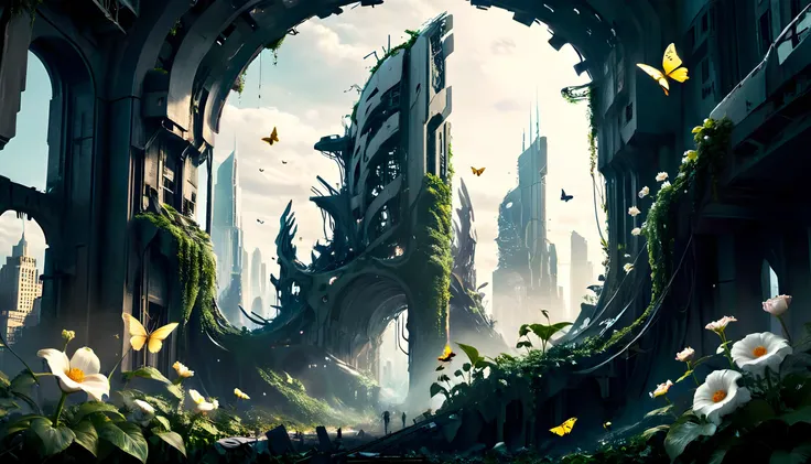 Dystopia, sci-fi, wreckage of civilization in desolate world, (skeletons of futuristic skyscrapers), Future fantastic city, plants are breaking through ruins, vines and ivy wrap around, dazzling white beautiful flower in the foreground, solo flower, (tiny Yellow butterflies), Epic Wide Shot, Extreme long shot, 32k, uhd, 16k, muted background, cloudy, best quality, masterpiece, perfectionism, Harsh shadows, Hard Light, expressive, sharp focus, cinematic, volumetric lighting, absurdres, atmospheric, photorealistic, Otherworldly, aesthetic, high contrast, dramatic lighting, Ambrotype, Rim lighting, CineStill Film Xpro 800T<lora:xl_more_art-full_v1:0.3> <lora:Shine_colorful_XL_8R15EC:0.3> <lora:EnvyDramaticLightingXL01_digital_art:0.2>