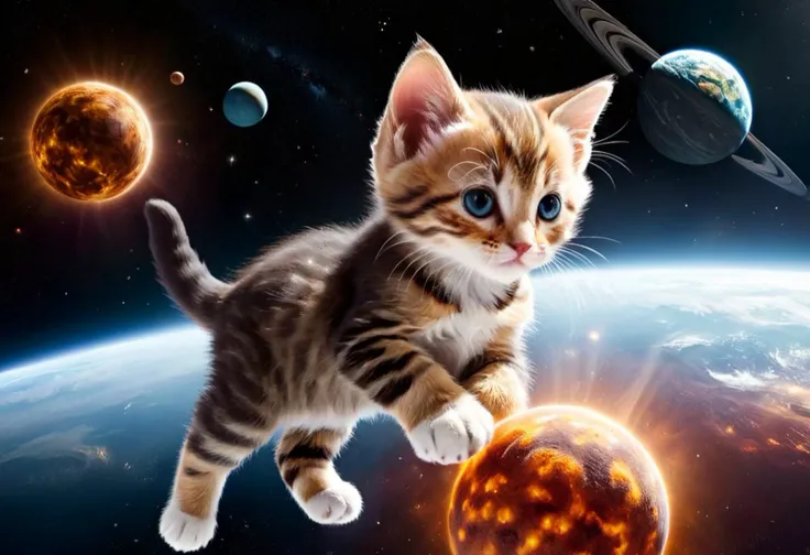 (galaxy), (deep space), sci-fi, (kitten play with ball:1.3), (kitten flying in the outer space:1.4), (planet earth in the paw of kitten:1.4), correct fingers, correct paws, good fingers, detailed fingers, perfect composition, epic composition, captivating, commercial quality, Professional, Epic, very beautiful, high quality, photo still, RAW photo, Ultra-HD-realistic, physically-realistic, epic-Ultra-HD-highlights, Ultra-HD-detailed, complicated details, intricate details, highres, absurdres, 64K, 32K, UHD, Soft shadows, Screen Space Ambient Occlusion, Anisotropic Filtering, Depth Peeling, Environment Lighting, Atmospheric Scattering, Distortion, Global Illumination, Compositing, Virtual Texturing, Post-Processing Effects, Procedural Generation, Procedural Texturing, Parallax Mapping, NPR Hatching, Physically-Based Rendering, Dynamic Weather Systems, Real-Time Reflections, nebula