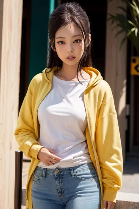 bpjennie, woman, urban, streets, (day:1.1), RAW,(8k, best quality, masterpiece:1.2),(intricate details:1.4),(photorealistic:1.4),octane render, complex 3d render ultra detailed, studio soft light, rim light, vibrant details, ultra detailed, realistic skin texture, detailed face, beautiful detailed eyes, extremely detailed CG unity 8k wallpaper, makeup, (detailed background:1.2), (cowboy shot:1.2),(hip),(perfect anatomy:1.2),(black hoodie, long jeans:1.2), <lora:bpjennie-v1:1>