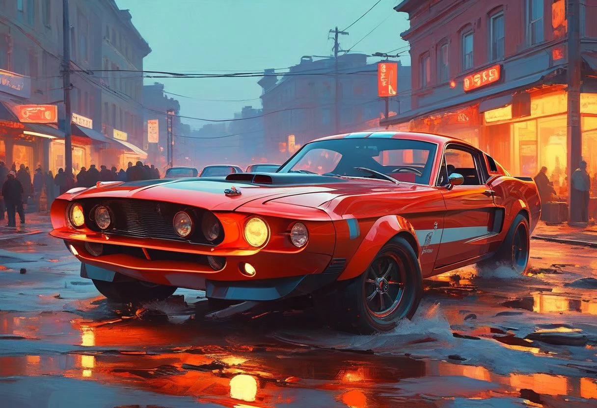 "Ilya Kuvshinov" style.
Visually absurdly cluttered fantasy landscape.
"1967 Ford Mustang Shelby GT500 Eleanor".
Lot's of wind and magical lights scattered everywhere.
Dusk.
Long shadows.
By "Simon Stalenhag".
Life-like details.
Cinematic.
Dramatic.
Dynamic.
Extremely refined lines and and shapes.
Extremely refined details on objects.
Sharp details.
Wide range of colors.
Many details everywhere. Ray-Tracing. Anti-Aliasing. Realistic soft shadows. Low saturation colors. Insane quality. Insane resolution. Insane details. Masterpiece. 32k resolution.