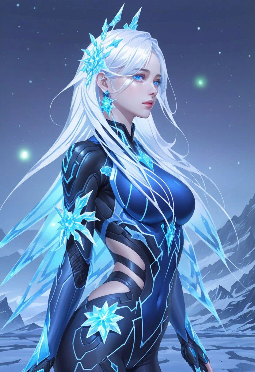 Hyper realistic portrait, Masterpiece, ultra Hd, trending on art station, cinematic lights, dull body Futuristic cyborg Aurora mobile legends((Long flowing white hair, blue eyes)), Ice ornaments, dynamic pose hand above, Cyberpunk theme, detailed ice,detailed ice ornaments, detailed face, detailed eyes, detailed pupils, detailed fingers, detailed hair, detailed iced ornaments, OverallDetail, extremely detailed, Aurora mobile legends, SK_Ghibli, By bad artist, SK_Cyberpunk