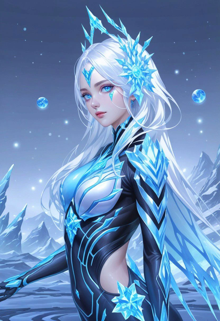 Hyper realistic portrait, Masterpiece, ultra Hd, trending on art station, cinematic lights, dull body Futuristic cyborg Aurora mobile legends((Long flowing white hair, blue eyes)), Ice ornaments, dynamic pose hand above, Cyberpunk theme, detailed ice,detailed ice ornaments, detailed face, detailed eyes, detailed pupils, detailed fingers, detailed hair, detailed iced ornaments, OverallDetail, extremely detailed, Aurora mobile legends, SK_Ghibli, By bad artist, SK_Cyberpunk