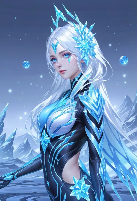 Hyper realistic portrait, Masterpiece, ultra Hd, trending on art station, cinematic lights, dull body Futuristic cyborg Aurora mobile legends((Long flowing white hair, blue eyes)), Ice ornaments, dynamic pose hand above,  Cyberpunk theme, detailed ice,detailed ice ornaments, detailed face, detailed eyes, detailed pupils, detailed fingers, detailed hair, detailed iced ornaments, OverallDetail, extremely detailed, Aurora mobile legends, SK_Ghibli, By bad artist, SK_Cyberpunk