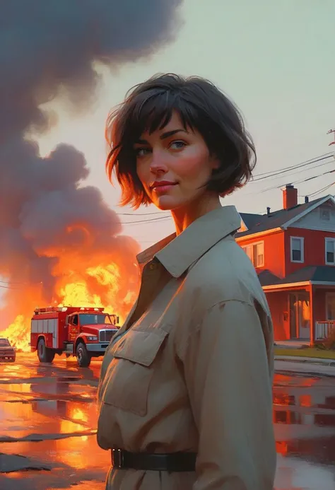 "Ilya Kuvshinov" style.
Epic glitch-core 2000mm ultra-wide angle low angle shot portrait of a beautiful 35yo American working woman. She has an extremely elegant luxury short haircut. She's looking at viewer over her shoulders. She is sweetly smiling. "Retro-Futuristic" style.
Burning suburban home on the background. And a firefighter truck with lights on.
Dusk.
Long shadows.
By "Simon Stalenhag".
Life-like details.
Cinematic.
Dramatic.
Dynamic.
Extremely refined lines and and shapes.
Extremely refined details on objects.
Sharp details.
Wide range of colors.
Many details everywhere. Ray-Tracing. Anti-Aliasing. Realistic soft shadows. Low saturation colors. Insane quality. Insane resolution. Insane details. Masterpiece. 32k resolution.