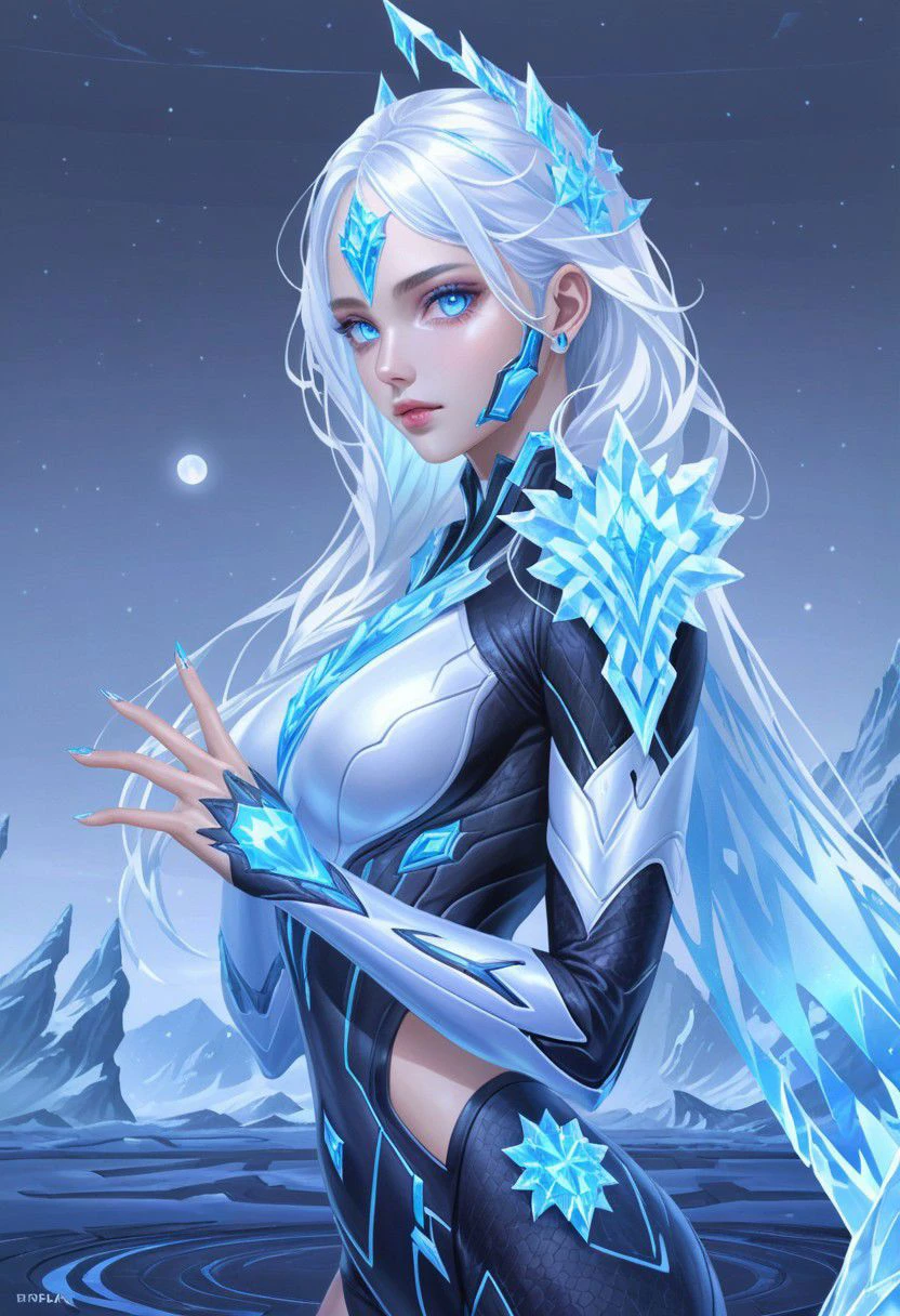 Hyper realistic portrait, Masterpiece, ultra Hd, trending on art station, cinematic lights, dull body Futuristic cyborg Aurora mobile legends((Long flowing white hair, blue eyes)), Ice ornaments, dynamic pose hand above, Cyberpunk theme, detailed ice,detailed ice ornaments, detailed face, detailed eyes, detailed pupils, detailed fingers, detailed hair, detailed iced ornaments, OverallDetail, extremely detailed, Aurora mobile legends, SK_Ghibli, By bad artist, SK_Cyberpunk
