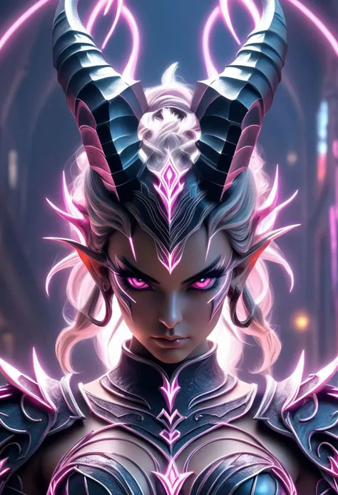 ArMaX, 1girl, Horns, Witchcraft, Neon Armor, (((beautiful, symmetrical eyes, symmetrical face, over-shoulder view, magical background fantasy, beautiful, masterpiece, extremely highly detailed, focused flash photo, amazing quality, best quality, hyper detailed, ultra detailed, HDR, UHD, perfect anatomy, depth of field, dramatic light, detailed atmosphere, volumetric light, high resolution, 8k, highly detailed, photorealistic, dramatic lighting, high quality, exquisite details, delicate atmospheres, intricate details, highly detailed textures))).