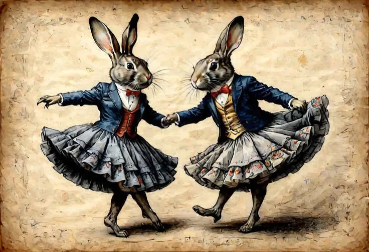 DarkFantasy, color ((((graphite)))) on parchment, two rabbits dressed as flamenco dancers, tango, extremely detailed