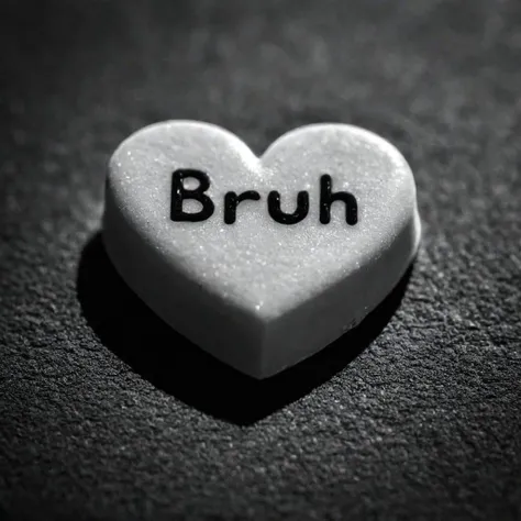 cinematic, ((black and white, monochrome, greyscale)), close up, of a candy heart, sweetheart, that says 'BRUH', noise, detailed, high quality, cinematic lighting, contrast, heavy dynamic shadows, atmospheric,