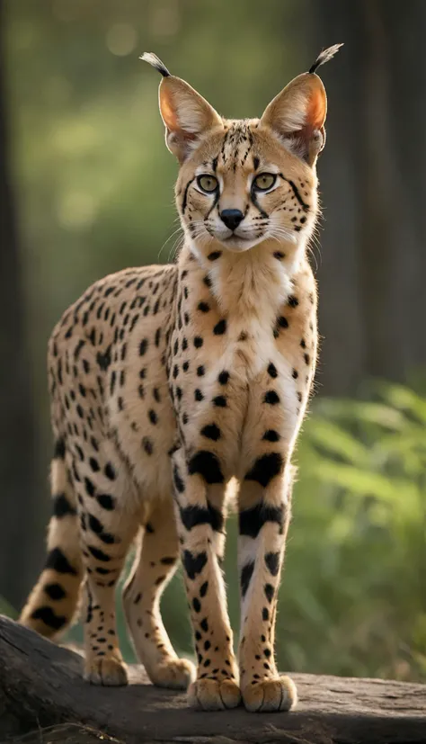 Score_9, score_8_up, score_7_up, score_6 rating_explicit
(digital art, high-resolution, detailed texture, atmosphere, colorful illustration, official_art, official_wallpaper)
(award winning, stunning, 3D Illustration, Realistic, masterpiece, best quality, very aesthetic, absurdres)
A serval cat is a slender, agile feline with long legs and a golden-yellow coat covered in bold black spots and stripes. Its head is small with large, rounded ears that are black on the back with white spots, set wide apart. The serval has a long neck, a short, wide muzzle, striking amber or green eyes, a pink nose, long white whiskers, and a short tail with black rings and a black tip.
Imagine this elegant creature captured in a cinéma vérité style, with raw realism and rich film grain. The photo, taken with a Cinestill 800T 35mm camera on Provia film, enhances the natural colors and details, making the serval's coat and markings stand out vividly. This combination creates a striking and evocative portrait of the serval.
(natural light, light rays, light particles)