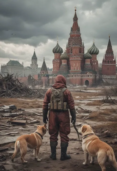 A landscape depicting a post-apocalyptic world where nature has defeated the remnants of civilization. Show abandoned city ruins or wastelands that tell the story of the fall of powerful empires. fallout vault. nuclear strike. Moscow. the Red Square. Kremlin. the destroyed Lenin mausoleum. a man in a protective suit. dog.
