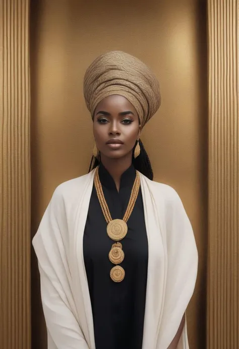 full-body shot of very beautiful african woman with petite body, wear traditional tribe clothes, african face, ethiopian, gold face painting on forehead and cheek, straight black hair, exotic face, standing on simple fabric, sHe leaned against the wall. seductive pose, oiled wet skin, very long hair, Long hair flowing down to the legs. wrinkles on the face, mature woman, smile, thick, curvy, chubby, belly, wide hip, thick thighs, thick leg, black hair, wet body sweating, necklace, full body shot, looking at viewer, natural face without make-up, arm bracelet, harming stare, smile, a pretty face featuring double eyelids, bare feet, set against a simple gold background. The color palette echoes golden richness, with gold elements and intricate patterns, detailed skin, detailed face, detailed eye, detailed lips, detailed hair, detailed nipples, detailed hand, SkinHairDetail, SK_ANALOGFILM