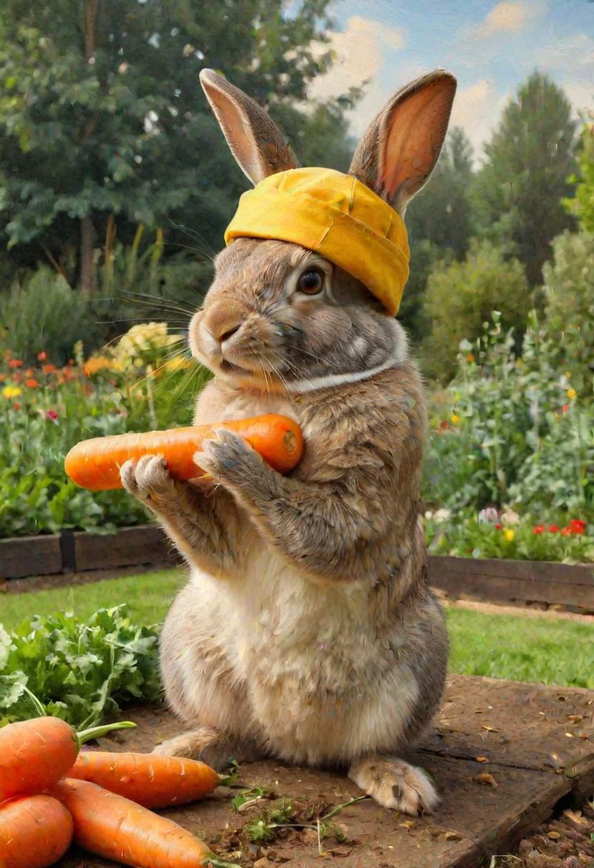 A rabbit with an athletic body. on his head is a yellow sailor's cap. He sits in the Mona Lisa Three Quarter pose in the frame. He holds a carrot dumbbell in his hands. Against the background of a garden bed and a forest of carrots