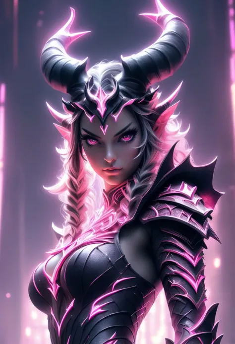 ArMaX, 1girl, Horns, Witchcraft, Neon Armor, (((beautiful, symmetrical eyes, symmetrical face, over-shoulder view, magical background fantasy, beautiful, masterpiece, extremely highly detailed, focused flash photo, amazing quality, best quality, hyper detailed, ultra detailed, HDR, UHD, perfect anatomy, depth of field, dramatic light, detailed atmosphere, volumetric light, high resolution, 8k, highly detailed, photorealistic, dramatic lighting, high quality, exquisite details, delicate atmospheres, intricate details, highly detailed textures))).