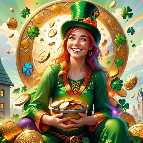 Front 3/4 view portrait IRELAND themed Picture illustration of a
hilariously happy woman happily hugging a
massive, translucent, multicolor, human-sized leprechaun-shaped thing.
Celtic symbols, golden coins, quarterfoils and St. Patrick's Day elements are scattered all around.
Many details everywhere. Ray-Tracing. Anti-Aliasing. Realistic reflections. Realistic soft shadows. Ironic.
Spiritual.
Partially introspective.
Uplifting.  
Insane quality. Insane resolution. Insane details. Masterpiece.