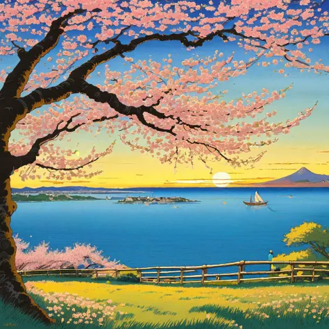 Spring evening, view on the sea, (cherry blossom), style of ghibli, hayao miyazaki, SK_Ghibli