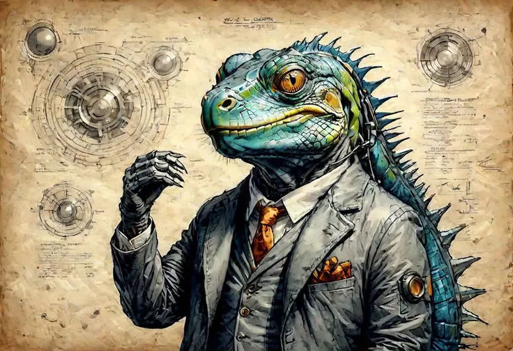 DarkFantasy, sci-fi, high tech, color ((((graphite)))) on parchment, an iguana dressed like a mad scientist