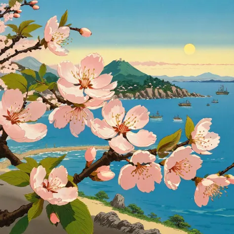 Spring evening, view on the sea, (cherry blossom), style of ghibli, hayao miyazaki, SK_Ghibli